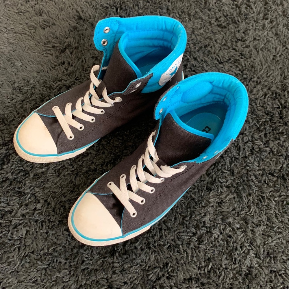 Black and blue high top Converse